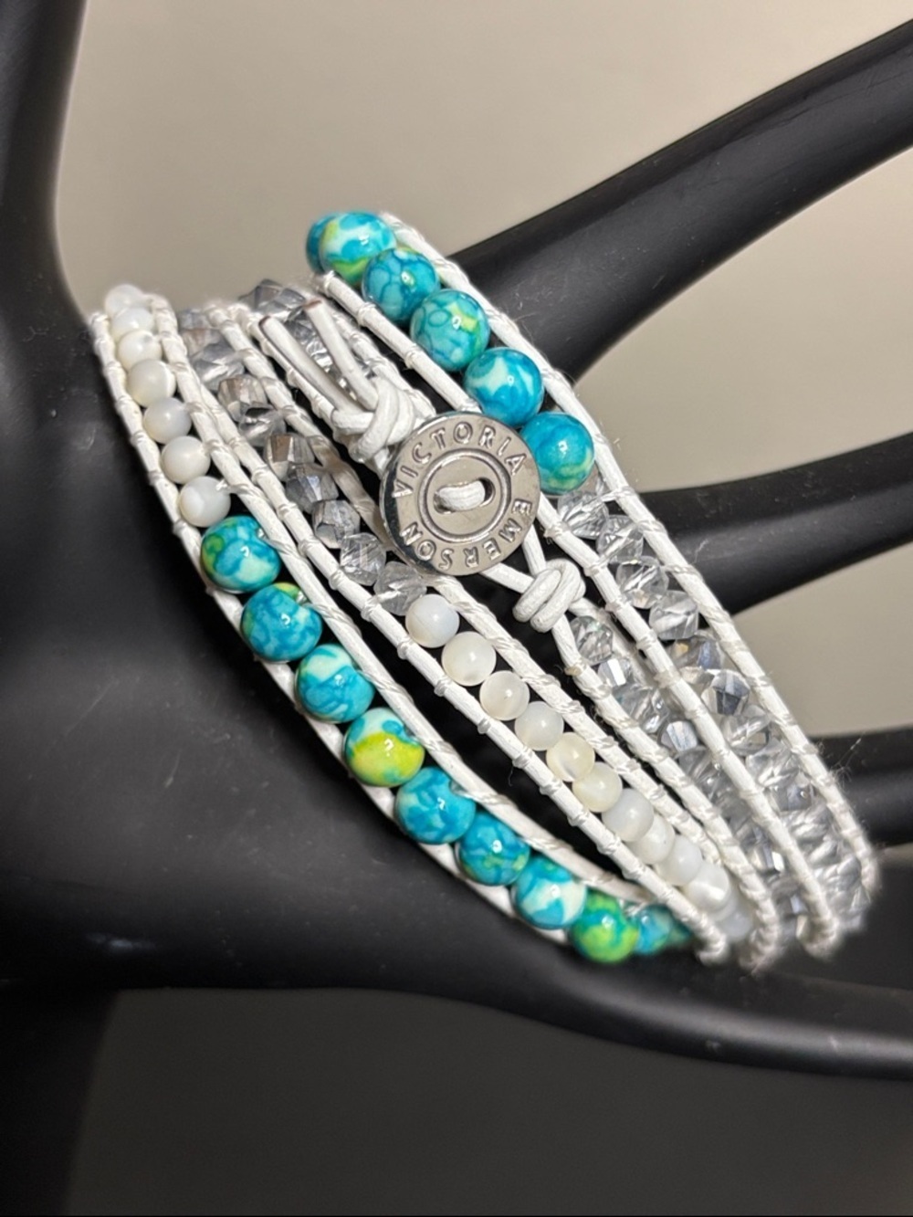 Victoria Emerson Turquoise Glass Bead White Leather Multi-Strand Wrap Bracelet